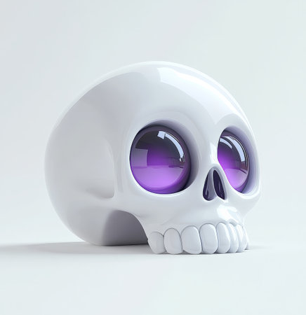 The design features a glossy white skull characterized by large, captivating purple eyes. The skull rests on a plain background, emphasizing its unique aesthetic and playful interpretation of a classic motif.の素材