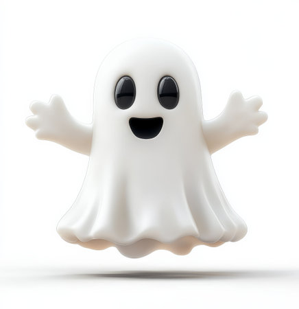 A cheerful cartoon ghost with a friendly expression floats in mid-air, its rounded form and big eyes exuding a playful vibe. The soft white color and simple design create a whimsical, inviting appearance.の素材