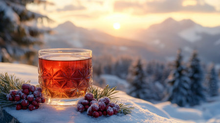 A steaming cup of spiced beverage garnished with orange slices sits on a snowy surface, surrounded by a cinnamon stick and pinecone, with a tranquil, wintry landscape in the background.の素材