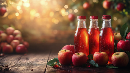 Three bottles of apple juice are arranged on a rustic wooden table, surrounded by fresh apples and autumn leaves. The background features softly blurred apple trees, creating a cozy atmosphere.の素材