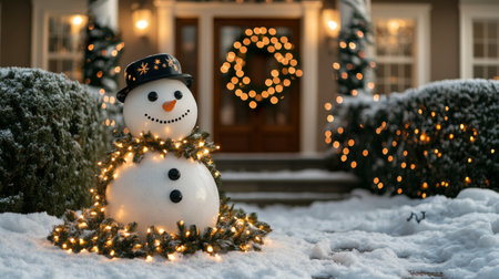 A cheerful snowman, adorned with a red scarf and hat, stands in a snowy front yard decorated with lights and garlands, creating a festive atmosphere during the holiday season.の素材