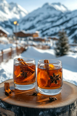 A glass cup filled with steaming tea rests on a cozy red cloth in a snowy setting. Majestic mountains and pine trees create a serene winter backdrop under bright sunlight.の素材