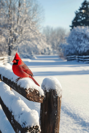 A vibrant red cardinal sits atop a snow-laden fence against a backdrop of frosty trees and white landscape, capturing the essence of winter beauty and nature's colors.の素材