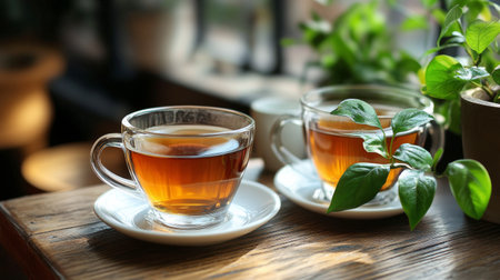 A steaming cup of coffee sits on a rustic wooden table, accompanied by scattered coffee beans, creating a cozy and inviting atmosphere perfect for enjoying a warm beverage.の素材