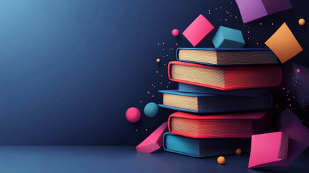 A vibrant sunflower rests beside red apples and yellow pears, with colorful pencils scattered on a rustic blue wooden table, creating a cheerful and inviting atmosphere.の素材