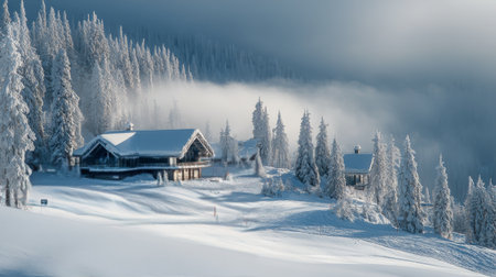 A vibrant red gondola ascends a snow-covered mountain as sunlight filters through the icy landscape. Tall evergreen trees flank the slopes, creating a serene winter atmosphere.の素材