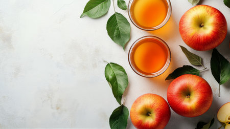 Three bottles of apple juice are arranged on a rustic wooden table, surrounded by fresh apples and autumn leaves. The background features softly blurred apple trees, creating a cozy atmosphere.の素材