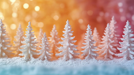 Four beautifully crafted Christmas ornaments dangle gracefully above a snowy landscape adorned with delicate pine accents, creating a serene holiday ambiance.の素材