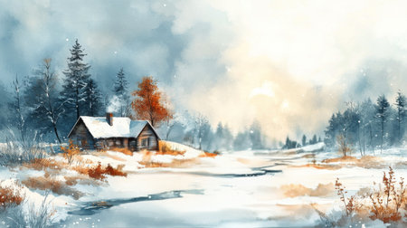 A tranquil winter morning reveals a snowy landscape surrounded by majestic mountains and tall evergreen trees. The serene atmosphere invites peace and reflection in natures beauty.の素材
