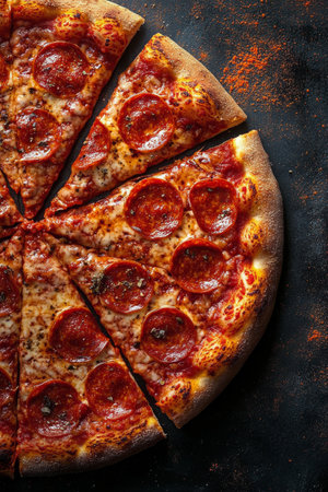 A delicious pizza, adorned with vibrant cherry tomatoes and fresh basil leaves, is placed on a rustic table. Its golden crust and melting cheese make it an inviting dish.の素材