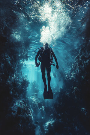 The underwater view showcases a diverse coral reef adorned with vibrant colors and various marine organisms. Sunlight filters through the water, enhancing the serene atmosphere.の素材