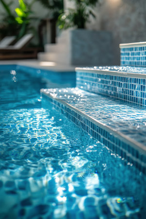 The tranquil indoor swimming pool features shimmering water reflecting light, creating a calming atmosphere. Sunlight filters through large windows, enhancing the serene environment.の素材