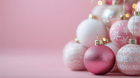 Pink and red Christmas ornaments lie on fluffy artificial snow, creating a whimsical holiday atmosphere, while soft twinkle lights in the background, enhancing the festive mood.の素材
