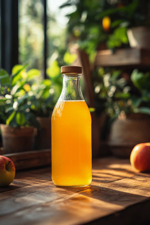 A glass bottle filled with golden orange juice sits on a wooden surface, complemented by fresh apples and flourishing green plants. Sunlight filters through nearby windows, enhancing the atmosphere.の素材