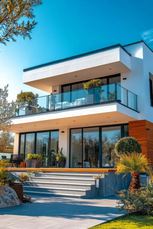 A contemporary residential structure features sleek lines and balconies. Sunlight reflects off glass windows as vibrant colors fill the sky, enhancing the evening atmosphere.の素材