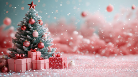A beautifully adorned Christmas tree stands amidst pink and white decorations, surrounded by neatly wrapped gifts. Soft snow falls gently, creating a cozy holiday atmosphere.の素材