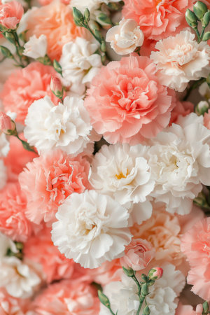 A cluster of pale peach carnations stands elegantly against a neutral background, showing their soft layers and intricate textures. The gentle lighting enhances their delicate appearance.の素材