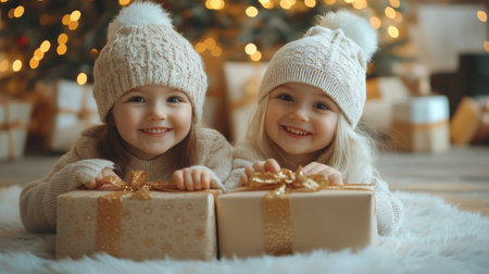 Two joyful children with big smiles lean over wrapped gifts, eagerly anticipating Christmas morning in a warmly decorated setting with twinkling lights and a festive tree behind them.の素材