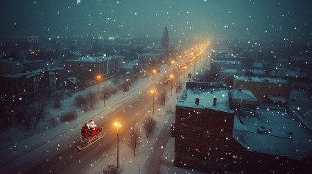 A jolly figure dressed as Santa rides a sleigh through a snowy night sky, passing over a quaint village illuminated by warm lights and a glowing moon, creating a magical holiday atmosphere.の素材
