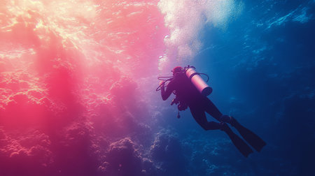 A diver glides smoothly through vibrant blue waters, equipped with scuba gear and fins, exploring the underwater landscape. The sunlight filters down, creating a serene atmosphere.の素材