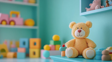 A cheerful yellow teddy bear sits on a shelf in a cozy children's playroom surrounded by brightly colored toys and blocks, creating a playful and inviting atmosphere for kids.の素材
