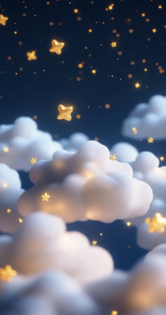 There is a stunning view of clouds softly illuminated by golden light, creating a magical atmosphere against a darkening sky filled with tiny, flickering particles.の素材