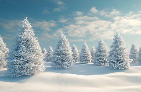 A peaceful winter landscape featuring snow-covered trees lining a clear path. The bright blue sky contrasts beautifully with the pristine white snow, creating a serene and tranquil atmosphere.の素材