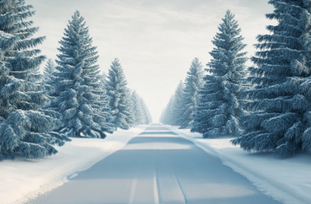 A serene winter pathway stretches ahead, flanked by tall evergreen trees blanketed in snow. The scene captures the quiet beauty of a crisp, cold day with clear skies.の素材