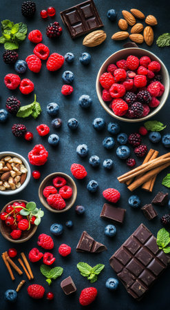 A vibrant selection of raspberries, blueberries, nuts, and chocolate pieces is artfully arranged on a dark background, showing a delightful spread perfect for snacking or dessert.の素材