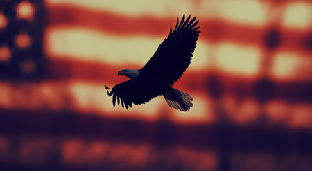 A bald eagle gracefully flies through the air, its wings spread wide in front of a softly blurred American flag, symbolizing freedom and national pride during a solemn moment.の素材