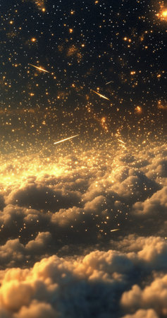 The sky is filled with countless sparkling stars, shining brightly above a blanket of soft, fluffy clouds. The warm hues of dusk create a tranquil and enchanting atmosphere.の素材