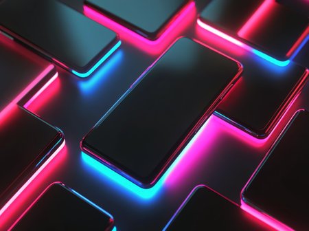 A collection of sleek smartphones arranged on a dark surface, glowing with vibrant blue and pink neon lights, creating a futuristic atmosphere, emphasizing modern technology and design aesthetics.の素材