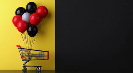 A shopping cart stands next to a bunch of bright red and black balloons set against a striking yellow backdrop, creating an eye-catching store display with playful colors and shapes.の素材