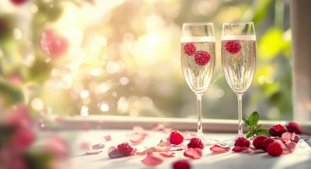 Two flutes of sparkling cocktails featuring fresh raspberries sit on a sunlit table decorated with rose petals, creating a romantic atmosphere perfect for celebrations or special occasions.の素材