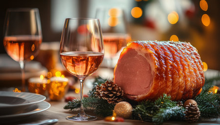 Succulent glazed ham takes center stage on a beautifully set table, accompanied by a glass of red wine, creating a warm and inviting atmosphere for a holiday celebration.の素材