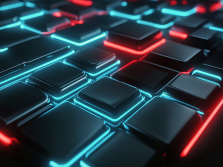 A vibrant network of blue and red illuminated circuits sprawls across a sleek surface, creating a high-tech atmosphere. The intricate design suggests advanced technology and digital connectivity.の素材