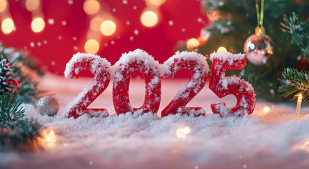 The year 2025 is prominently displayed in snowy decoration, surrounded by twinkling holiday lights and a Christmas tree, creating a warm festive atmosphere.の素材