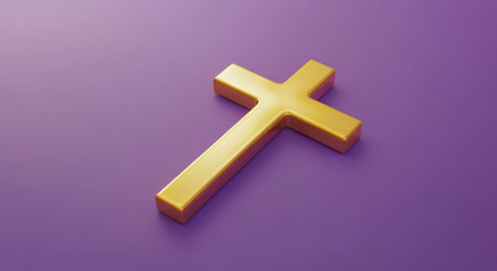 A golden cross stands out against a deep purple backdrop, representing faith and spiritual significance. The contrast highlights the beauty and meaning of the symbol in a serene manner.の素材
