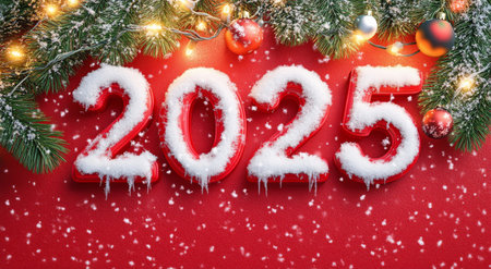 The year 2025 is prominently displayed in snowy decoration, surrounded by twinkling holiday lights and a Christmas tree, creating a warm festive atmosphere.の素材