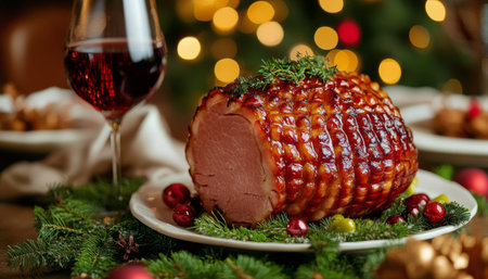 Succulent glazed ham takes center stage on a beautifully set table, accompanied by a glass of red wine, creating a warm and inviting atmosphere for a holiday celebration.の素材