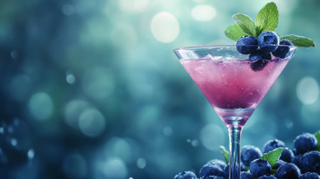 A vibrant cocktail filled with crushed ice, blueberries, and a fresh mint sprig sits elegantly on a table. The colorful blurred background creates a festive atmosphere perfect for summer gatherings.の素材