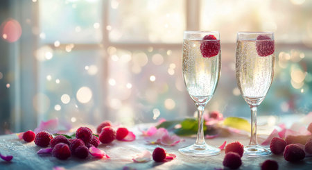 Two flutes of sparkling cocktails featuring fresh raspberries sit on a sunlit table decorated with rose petals, creating a romantic atmosphere perfect for celebrations or special occasions.の素材