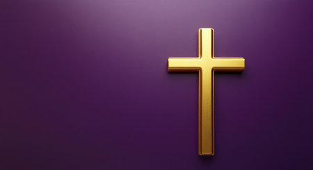 A golden cross stands out against a deep purple backdrop, representing faith and spiritual significance. The contrast highlights the beauty and meaning of the symbol in a serene manner.の素材