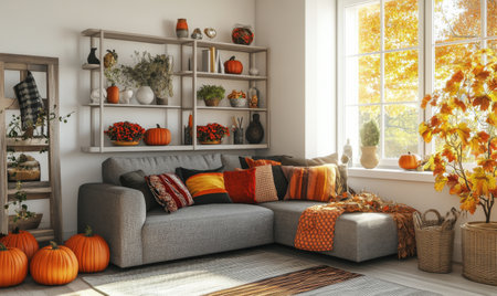 A cozy living room features a comfortable gray sofa adorned with plush cushionsの素材