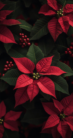 Bright red poinsettia flowers display their glossy leaves and vibrant petals, enhanced by droplets of water in a lush green garden. The atmosphere is festive and lively, perfect for the season.の素材