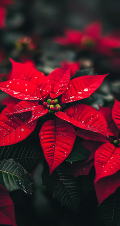 Bright red poinsettia flowers display their glossy leaves and vibrant petals, enhanced by droplets of water in a lush green garden. The atmosphere is festive and lively, perfect for the season.の素材