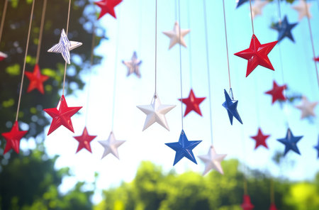 Vibrant red, white, and blue stars hang from strings, swaying gently overhead during a cheerful outdoor gathering. The bright blue sky creates a perfect backdrop for this festive display.の素材