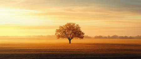 A single tree with golden leaves rises in an expansive field as the sun sets, casting warm light across the landscape and creating a serene atmosphere.の素材