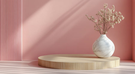 Dried flowers are elegantly arranged in a marble vase placed on a wooden circular platform, enhanced by a soft pink backdrop that adds warmth and style to the setup.の素材