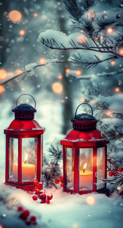 Two red lanterns glow with candles beneath a snowy tree, surrounded by soft festive lights and falling snowflakes, creating a cozy winter atmosphere during the holiday season.の素材
